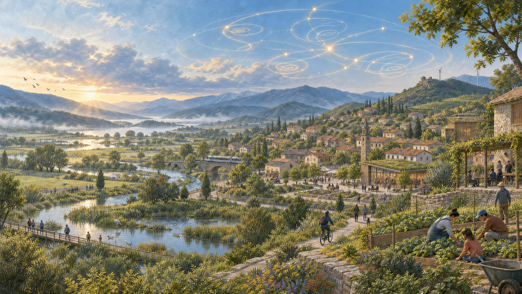 Un valle habitado y lleno de vida bajo un cielo de espirales conectadas en constelación. Ilustración de un futuro imaginado, generada con IA.